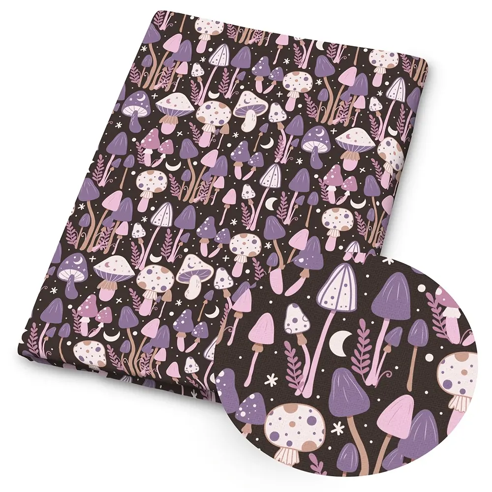 1 piece of “Magic Forest Mushroom” printed fabric—59 x 19.68 inches (150 x 50 cm) of pre-cut polyester fabric featuring a design of magical night mushrooms and fairies—perfect for sewing, scrapbooking, tablecloths, and crafts