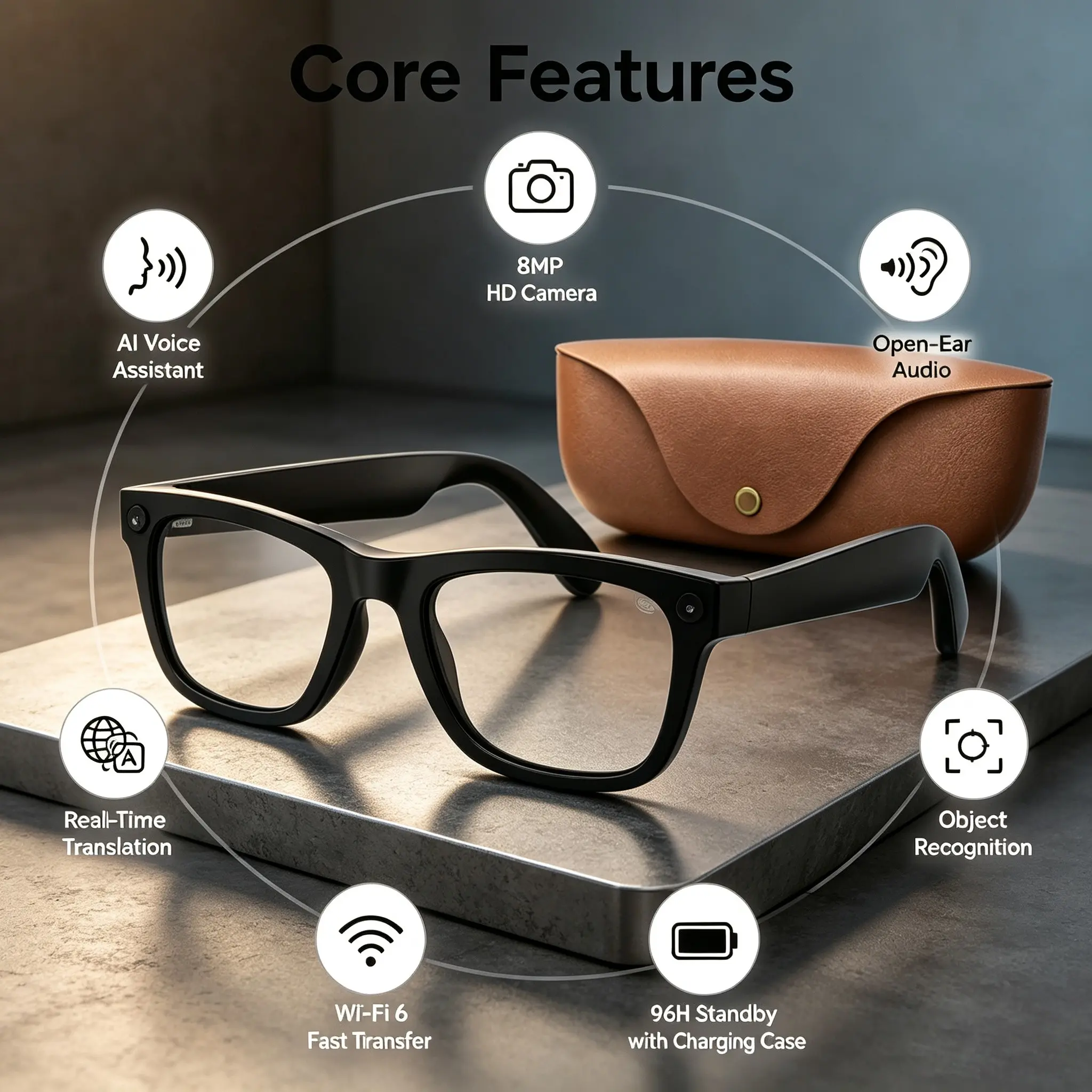 Mt5 Ultra Ai Smart Glasses, 300mah Long Battery, Real-Time Translation, 8mp Camera, WiFi & Bluetooth-compatible, Waterproof, Unisex, Outdoor Use