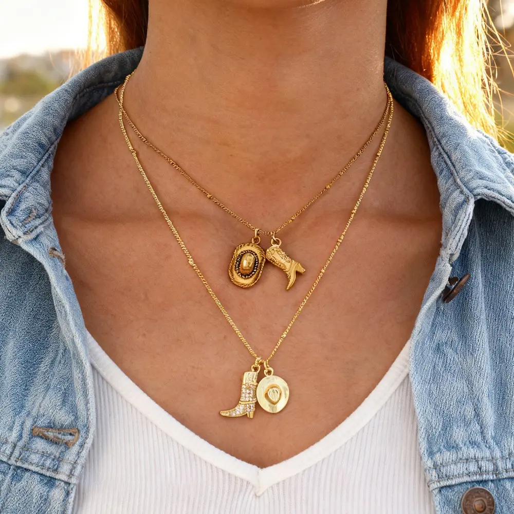 European and American style retro denim hat and boot patterned necklace, summer simple three-dimensional pendant necklace
