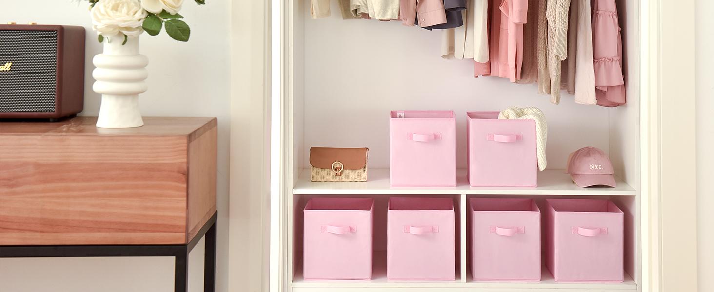 Cube Storage Bins, 11 Inch 6 Pack Storage Cube Organizer, Foladble Fabric Storage Boxes with Handle, Decorative Clothing Storage Baskets for Shelves, Closet, Pink
