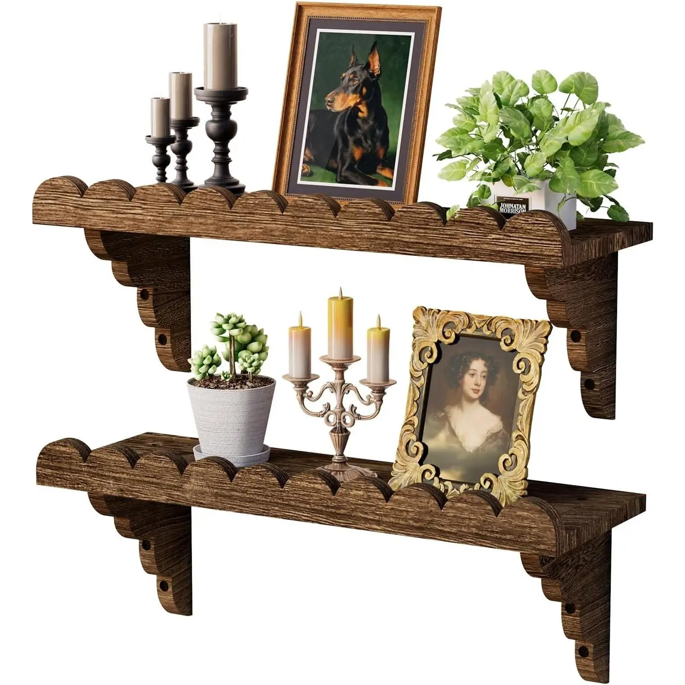 Scalloped Wood Wall Shelf – 17 Inch Floating Shelf with Wood Brackets, Easy to Install Rustic Wall Shelf for Living Room, Bedroom, Bathroom, or Any Space