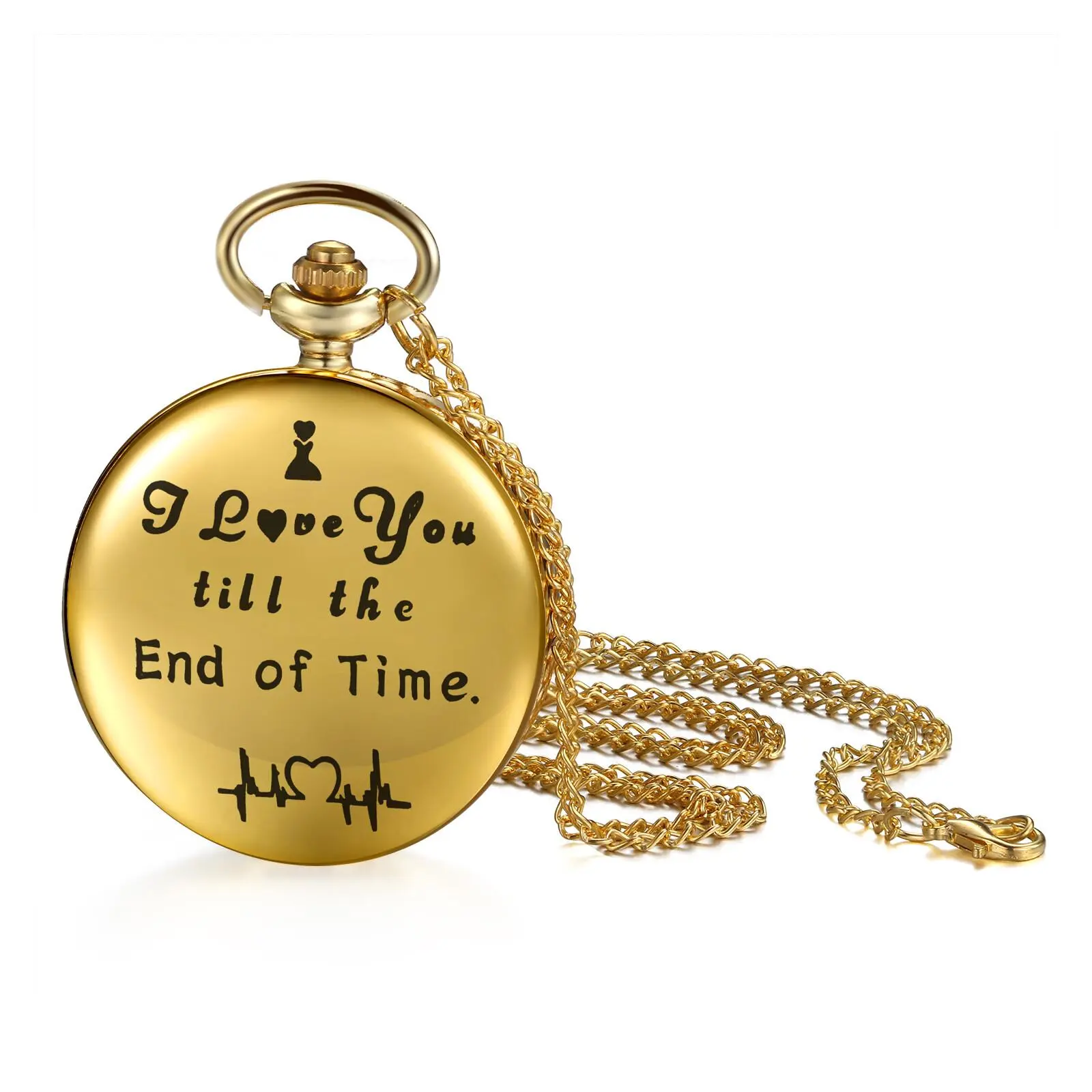 Vintage Engraved Eco-Friendly Alloy Pocket Watch with "I Love You Till the End of Time" Quote, Quartz Movement Necklace for Valentine's Day Gift, Decorative Engraved Pocket & Fob Watches, Gatherings, Heart Engrv., Anniversaries, Casual, Unisex Size., All-