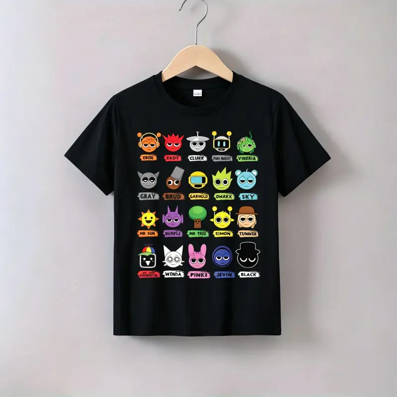 Kids' Short Sleeve Tops, Minimalist Cartoon Style Digital Print Soft Cotton T-Shirt with Slight Stretch, Breathable Crewneck for Summer, Athletic, Knitting