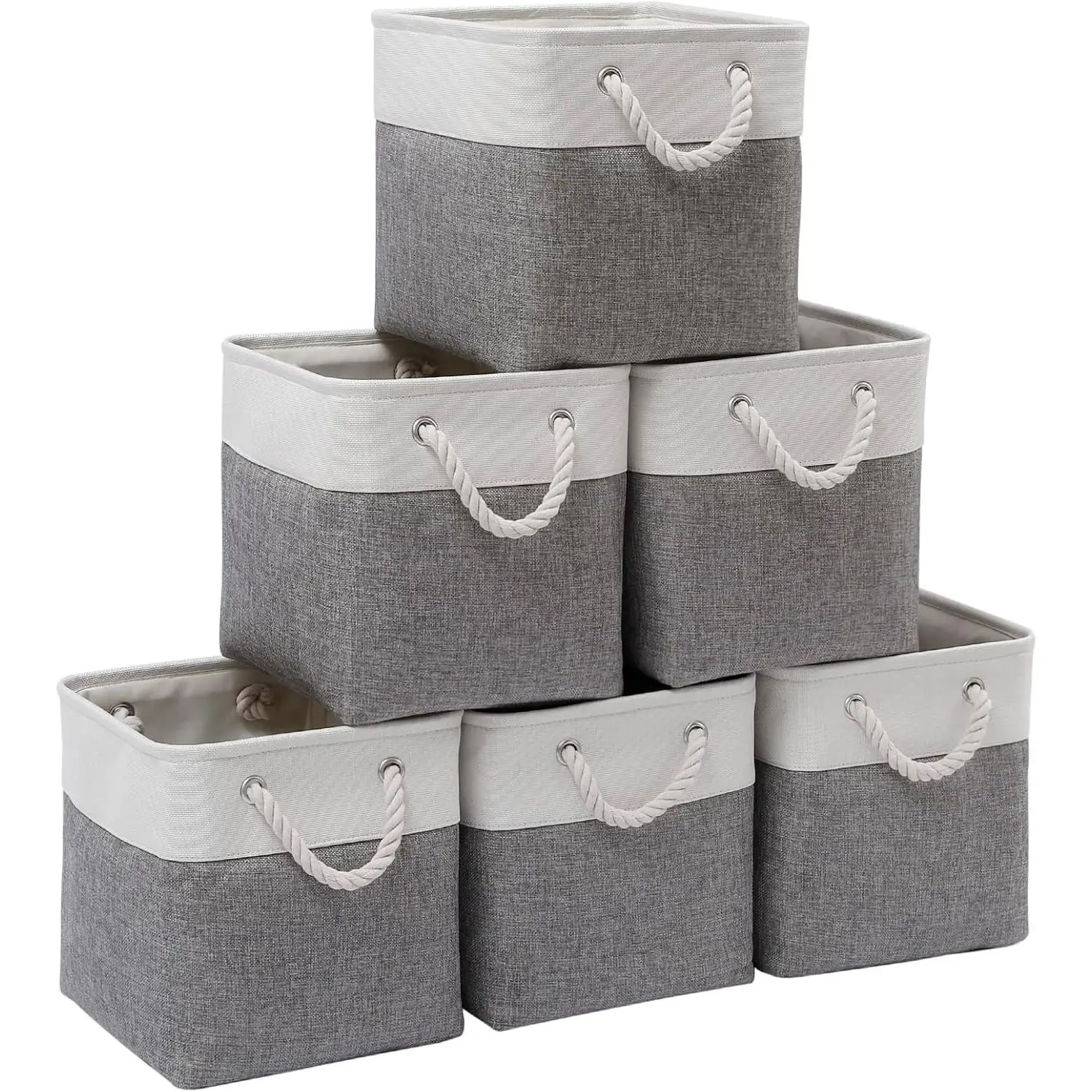 Cube Storage Bins, 6 Pack Collapsible Fabric Storage Cubes, 11 Inch Cube Organizer Bins with Handles (White/Gray)Gift.