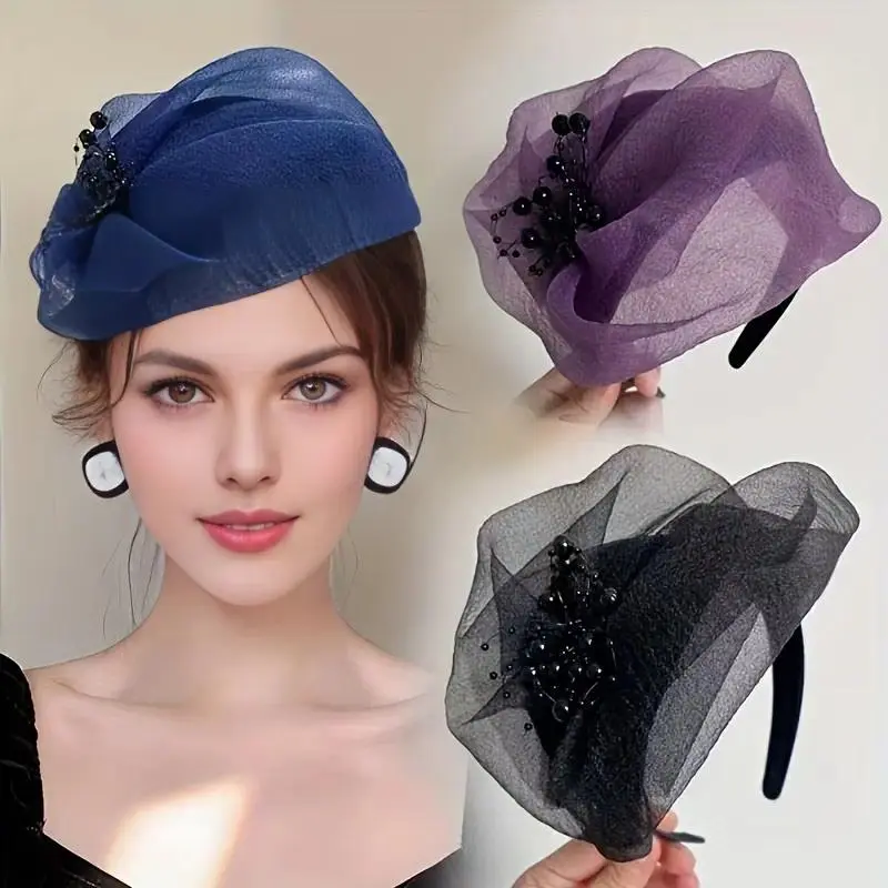 Women's Fascinator Flower Headband - Tea Party Hat with Floral Mesh, Feathered Veil, Feathers, Elegant Hair Clip for Special Occasions, Accessories For Women, Hair Clips, Mesh Ribbon, Secure Clip