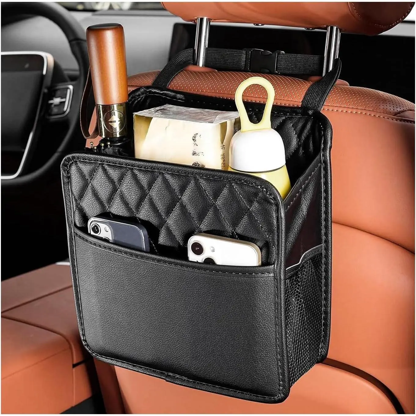 Seat Organizer, Large Capacity Foldable  Headrest  Organizer with Storage Pockets,  Leather Multipurpose  Seat Storage Bag for   (Black)