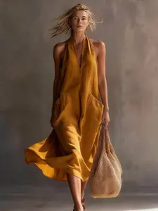 Women's Fashion Halter V-Neck Dress, Deep V Dress, Summer Loose Sleeveless Midi Dress, Casual Beach Resort Dress, Perfect for Coffee Shop Afternoon Tea
