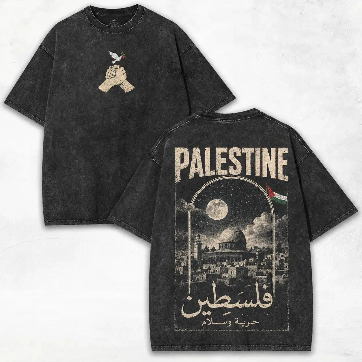 Men's 100 Cotton Vintage Oversized Short-Sleeve T-Shirt - Relaxed Fit, Distressed Look Dome Print, Washed Black, Palestine Theme, Casual Streetwear, Multi-Size, Hand Wash Only, True Size, 100 Cotton Clothing, All Season