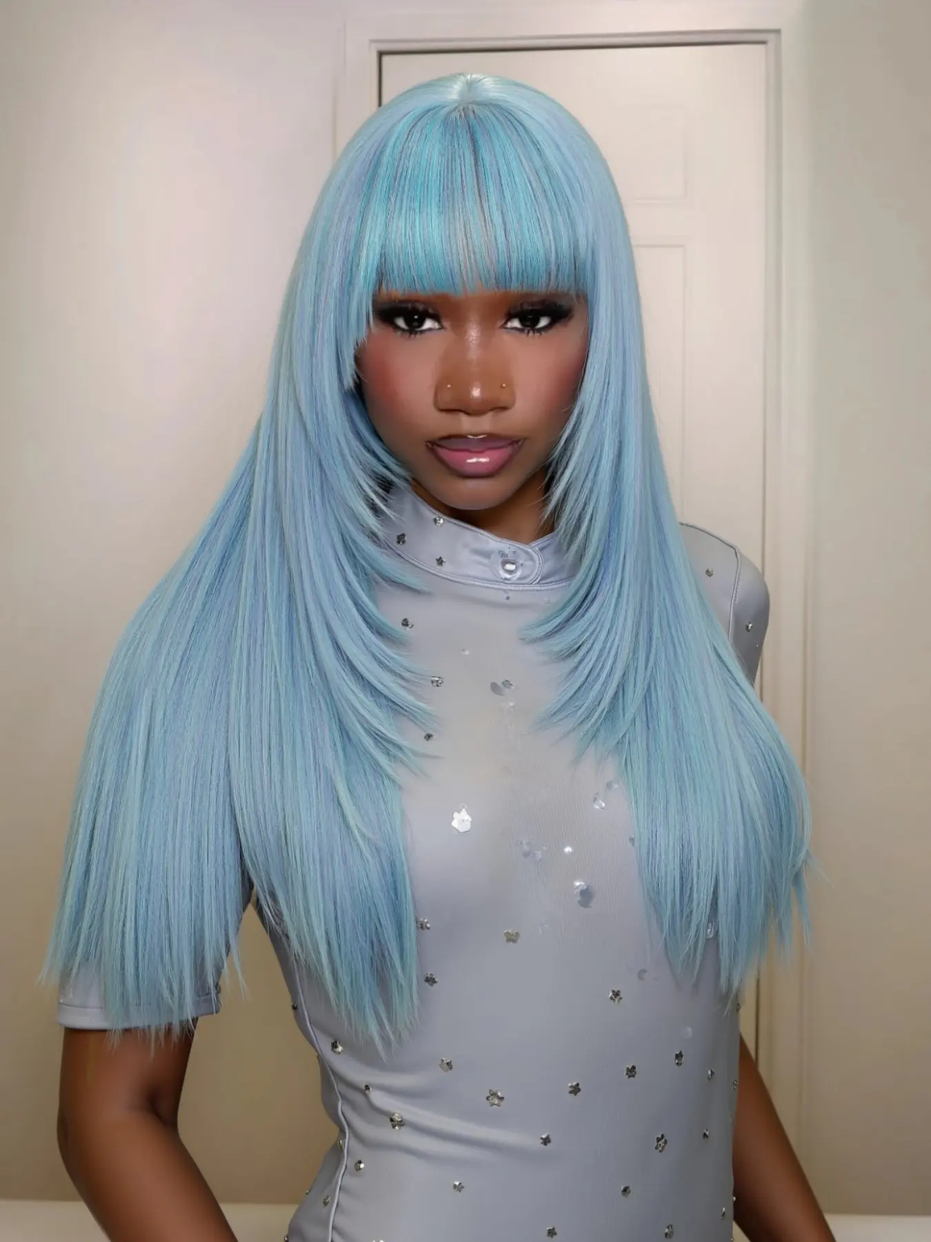 Blue Layered Wigs with Bangs 26 Inch, Mermaid Blue Glueless Straight Synthetic Bob Wigs, Realistic Scalp for Daily Cosplay Use Synthetic Hair