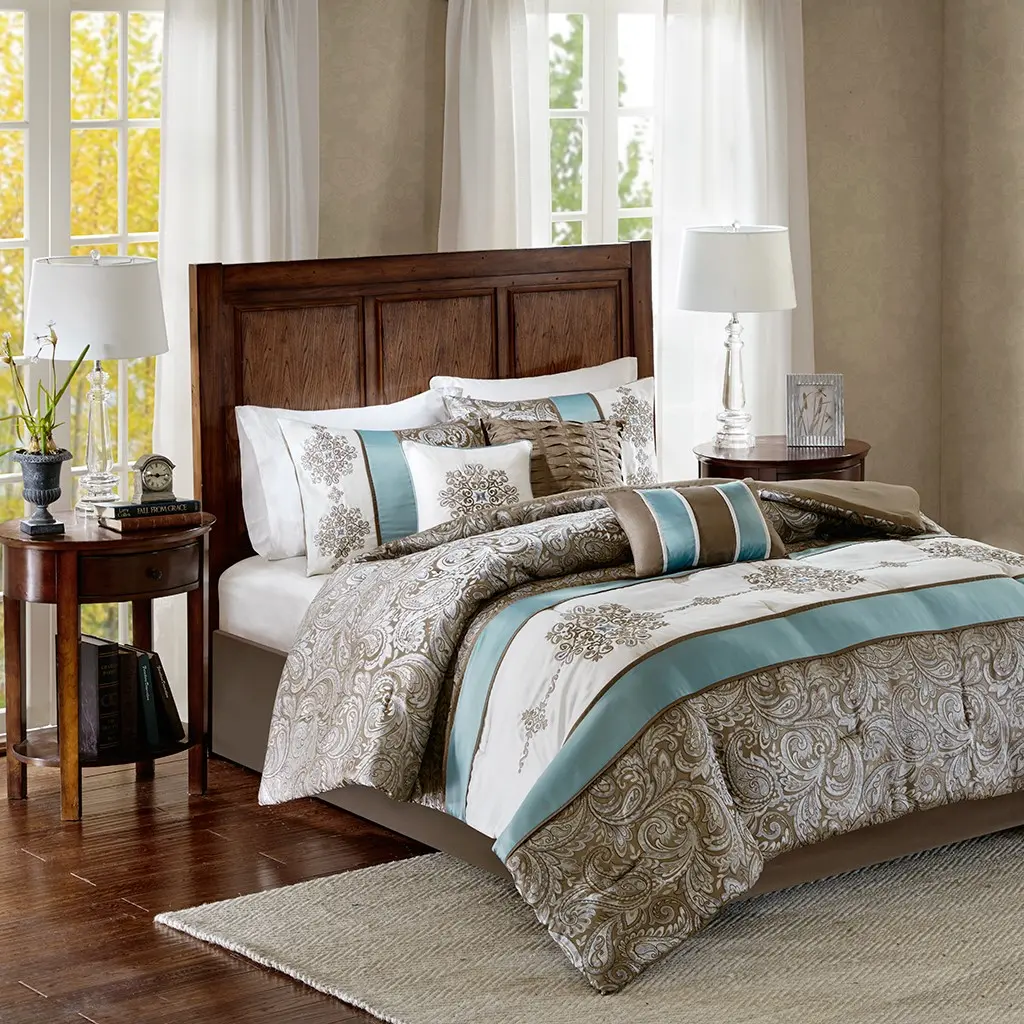 Nokaa Jacquard 7 Piece Comforter Set Blue King Size Bedding Ensemble with Elegant Paisley Pattern, Includes Comforter, Shams, Sheets, Pillowcases, Decorative Pillows, and Bed Skirt, Soft Polyester, Machine Washable, All Season Bedroom Decor
