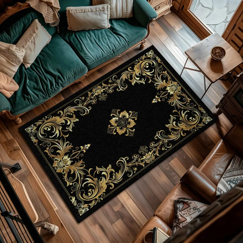 Black Base Baroque Golden Scroll Floral Center Crystal Velvet Luxury European Palace Anti Slip Living Room Rug #BaroqueGoldFloralRug #BlackBaseVintageMat #CrystalVelvetLuxuryCarpet #EuropeanPalaceHomeDecorMat