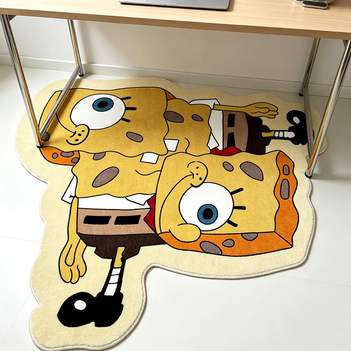 Double-Sided Spongebob Squarepants Plush Rug, Classic Cartoon Cream Wood Bedroom Bed End Decor Mat, Fun Living Room Window Side Relaxation Carpet, Cozy Area Rug