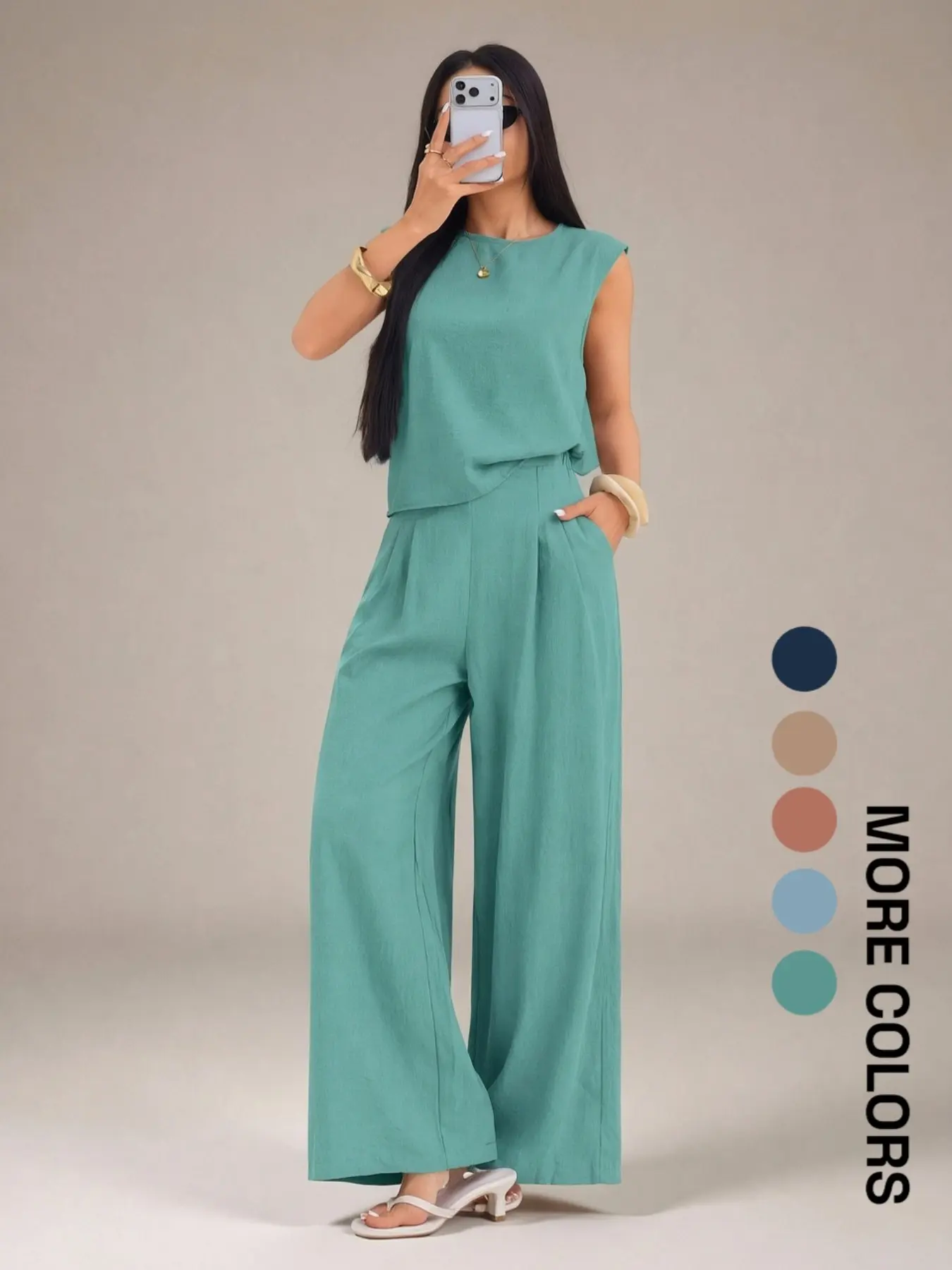 Women's Four-Season Plain Round Neck Top and Pleated Wide Leg Casual Two-Piece Set, Comfortable and Stylish for Daily Wear Outfit Leg Pants