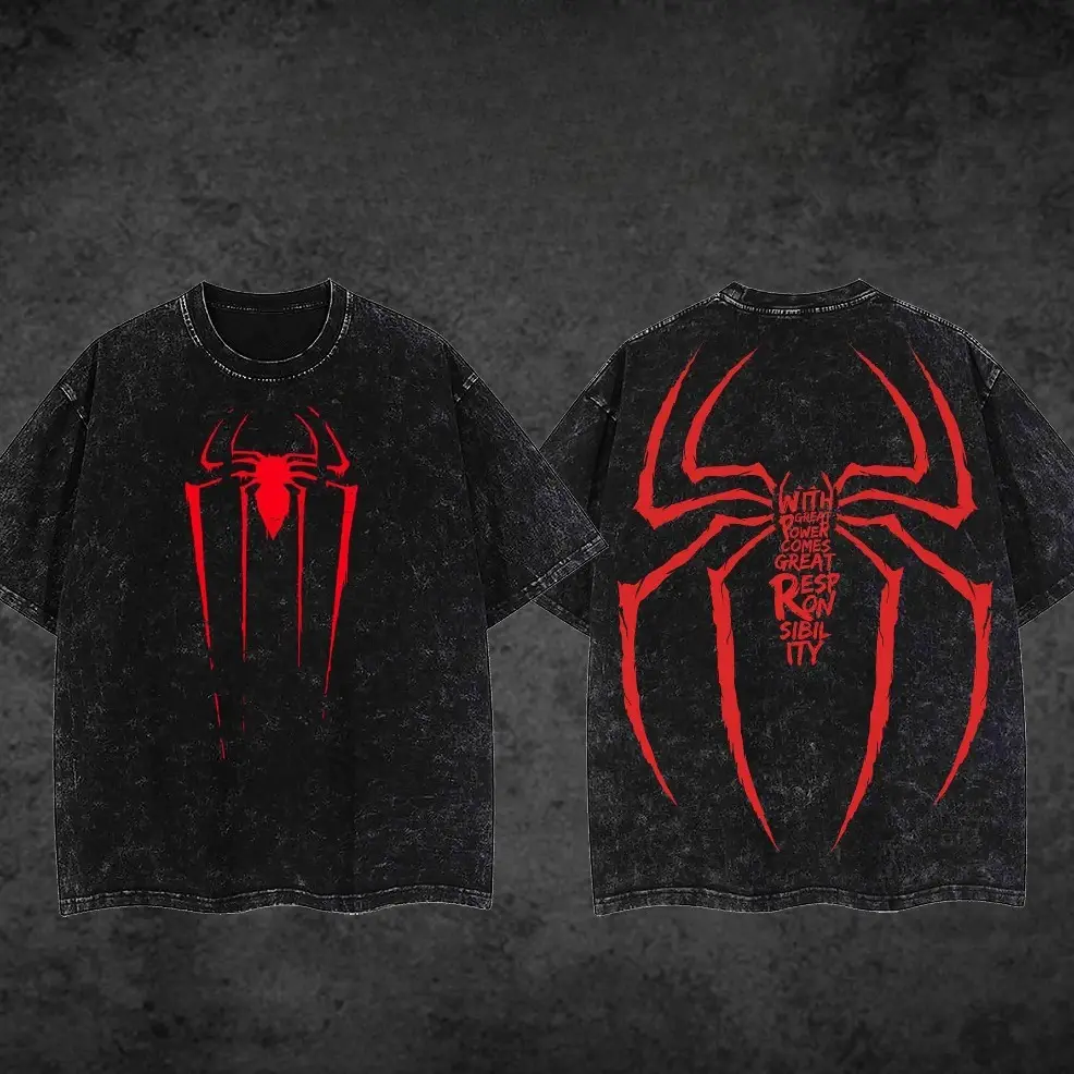 [Hero Graphic Tee] Spider Tattoo Art Vintage Washed Heavyweight Gym Shirt, Oversized Dark Aesthetic Streetwear, Grunge Distressed, Edgy Workout Pump Fit, Cyberpunk Gymwear, Y2K Retro Limited Urban Menswear, Oversize Up To 5XL Spooky Fall Alt Outfit