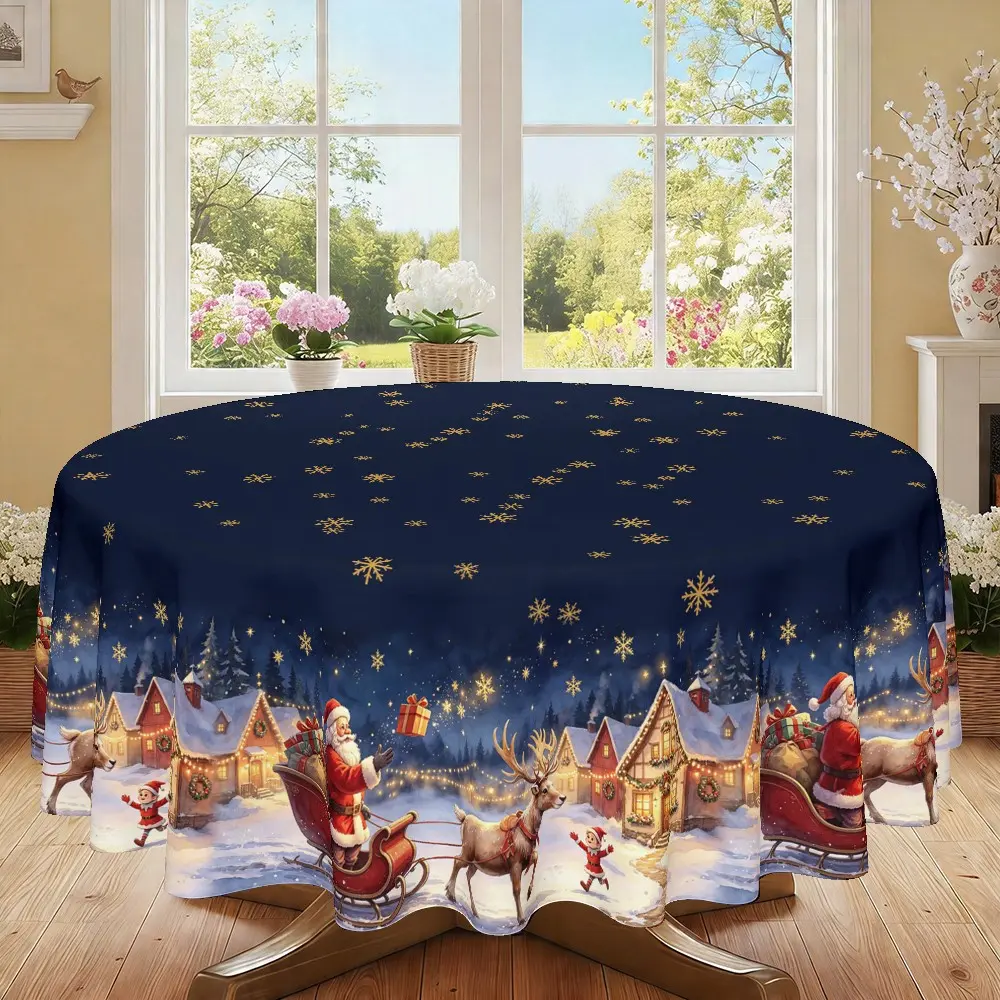 Merry Christmas Round Tablecloth, Deer Santa Snow Scene Print, Kitchen Restaurant Decor, Party Decoration, Hotel Home Use