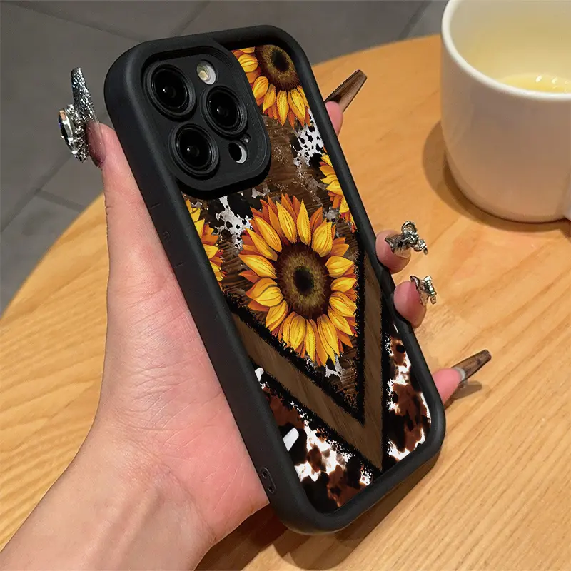Thick Shockproof Phone Case - Black Shell with Sunflower Print, Multi-Model Mobile Phone Accessories for iPhone Series (17 E Air, 16-11, X, XS, XR, Pro, Pro Max, Plus, Mini) - Mixed Color 1