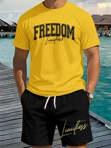 Two-piece set with 3D digital print featuring English slogans on yellow background, 2Pcs, trendy fashion suit, trendy vintage casual two-piece outfit, trendy vacation-style wear, breathable sporty casual style, an ideal festive gift for men