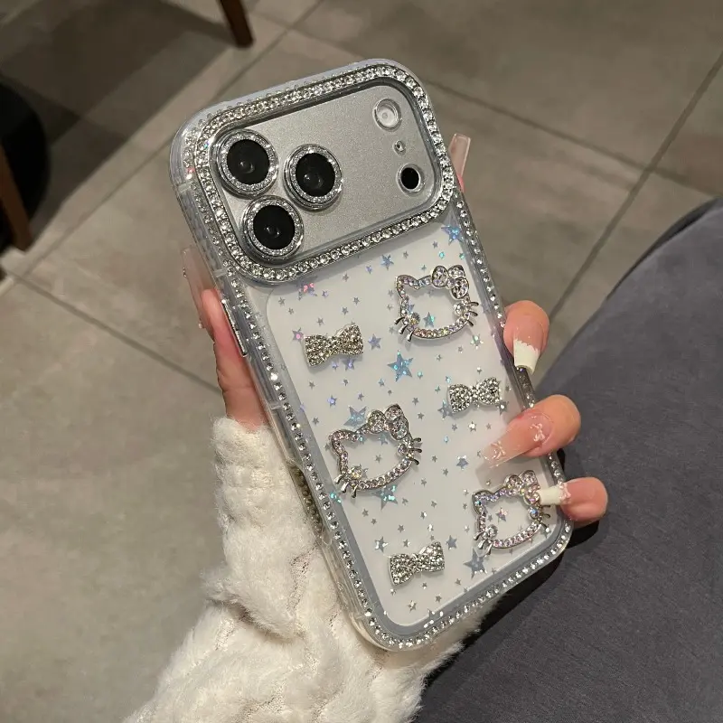 Cute Double-Sided Rhinestone Cat Bow Phone Case For iPhone 17 16 15 14 13 12 Pro Max Plus Shockproof Protective Case