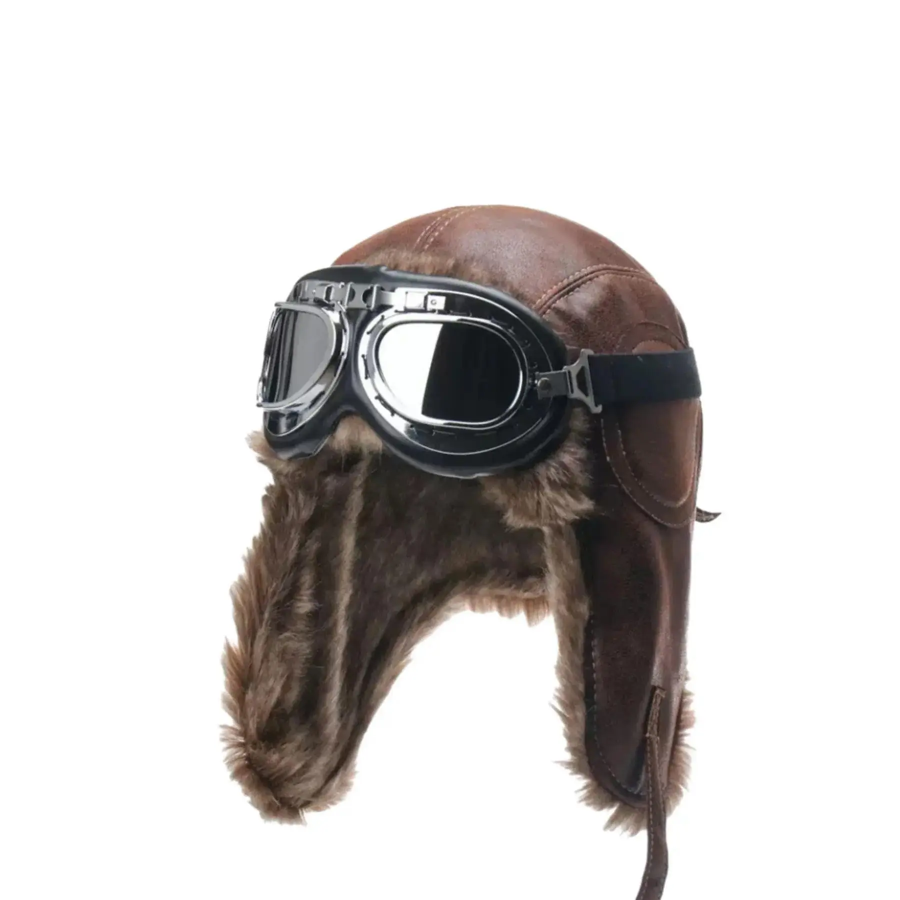 Vintage Leather Aviator Hat with Goggles, Windproof Pilot Cap with Thick Faux Fur Earflaps, Protective Motorcycle Headwear for Cold Weather Riding & Outdoor Adventures