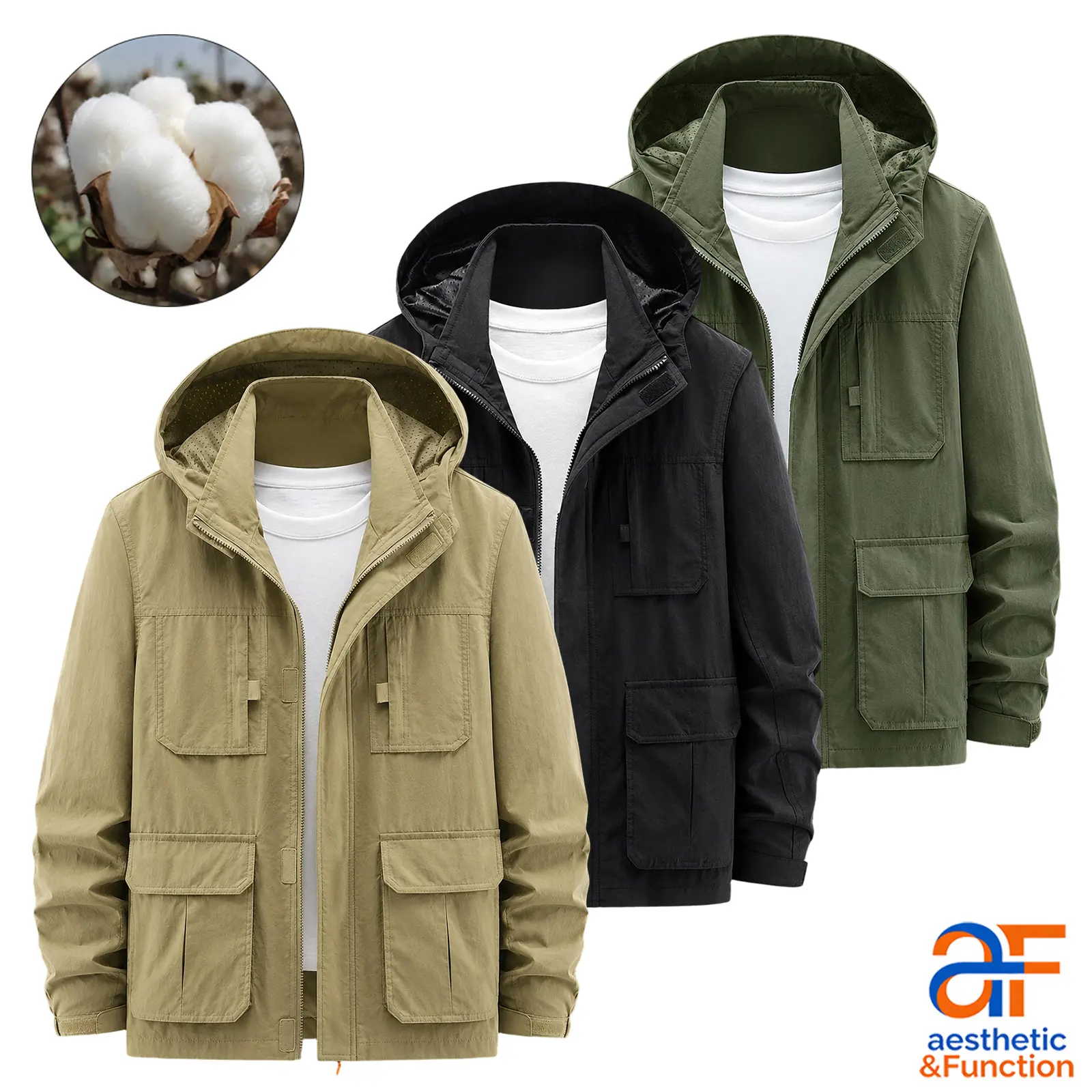 Men's Stylish Long Cotton Tactical Hooded Military Cargo Windbreaker - Spring, Removable Hat, Multiple Pockets, Standard Outdoor Utility Coat, Menswear Top, Tops