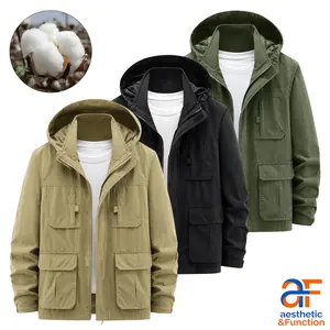 Men's Tactical Cotton Jacket, Hooded Military Cargo Windbreaker with Multiple Pockets, Outdoor Utility Coat, Menswear, Tops