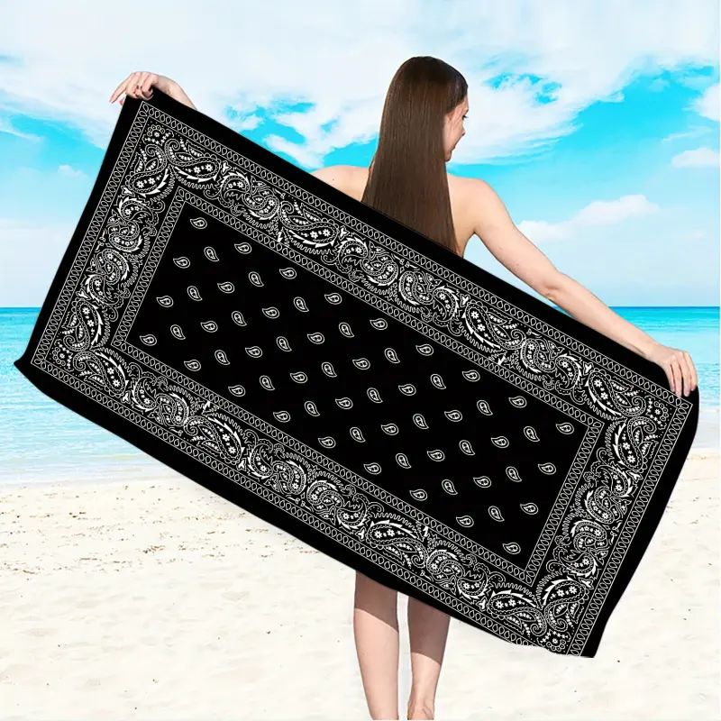 XL Size Printed Beach Towel - Essential Standard Luxury Decorative Personalized Custom Black White Paisley Pattern - Soft Microfiber Quick-Dry Sandproof Absorbent Lightweight Multifunctional - Hostess Gift for Travel Boat Car Bathroom Home Supplies, Dryin
