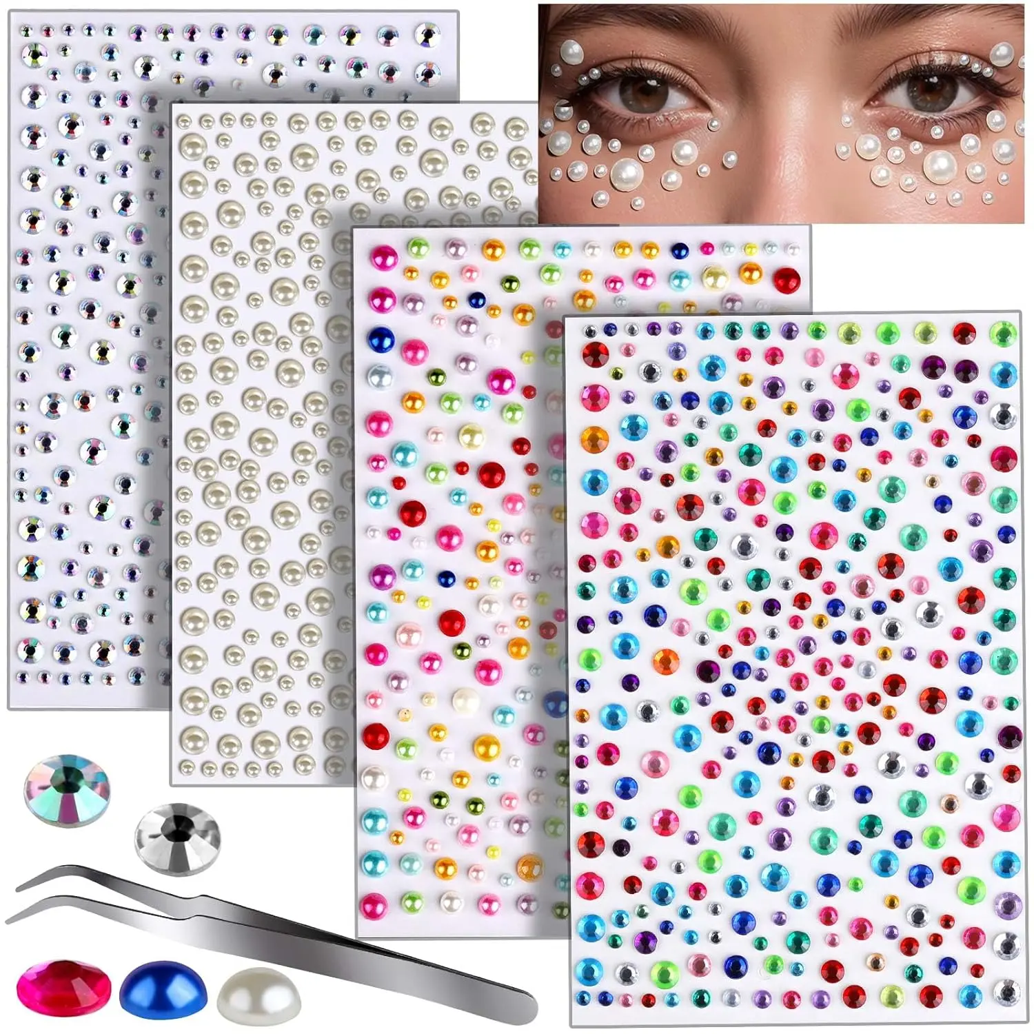 Face Gems Hair Pearls Face Rhinestones for Makeup Festival Face Jewels Hair Jewels, 1300PCS Self-Adhesive Rhinestones and Gems for Face, Hair, Body, Eye