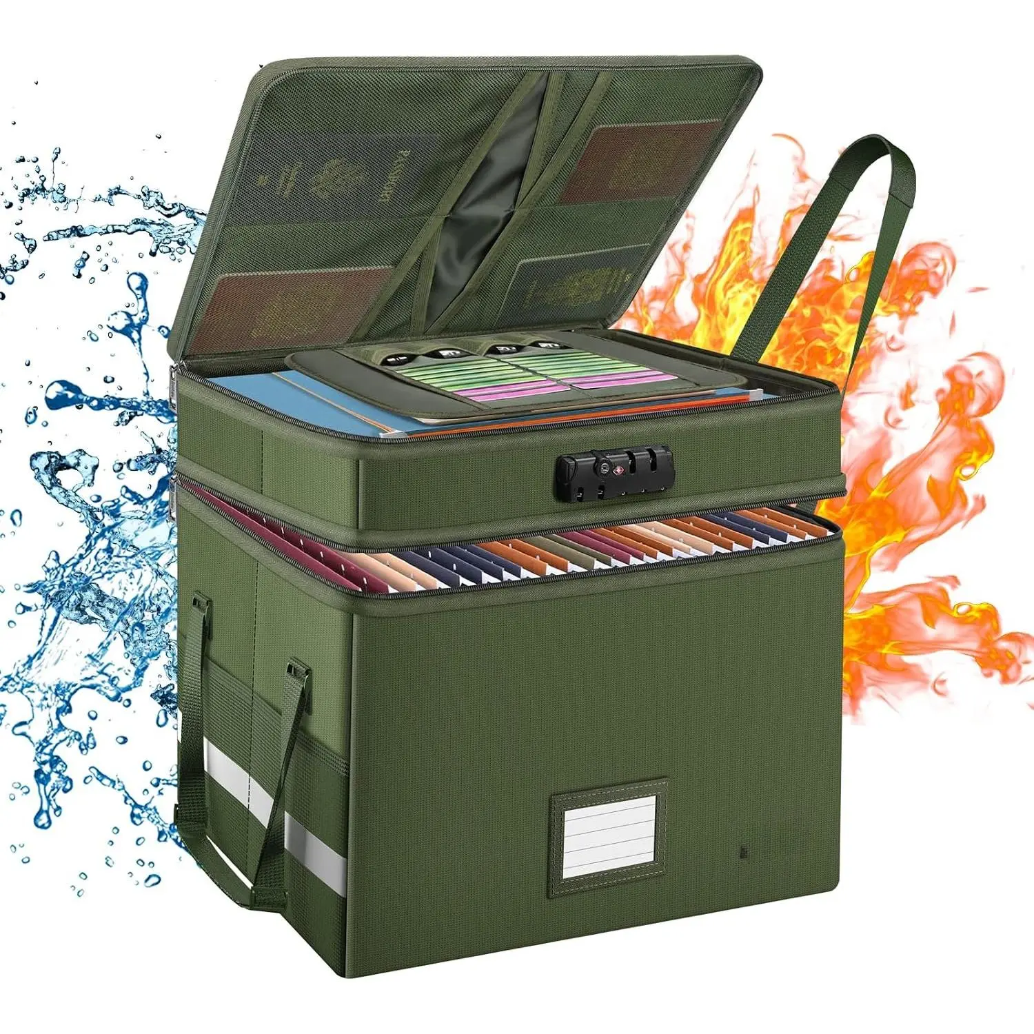 File Box with Lock,Multi-Layer Fireproof Document Box Collapsible File Storage Organizer with Pockets/Handle,Portable  Office Filing Cabinet for  Letter/Legal Size Folders,Green