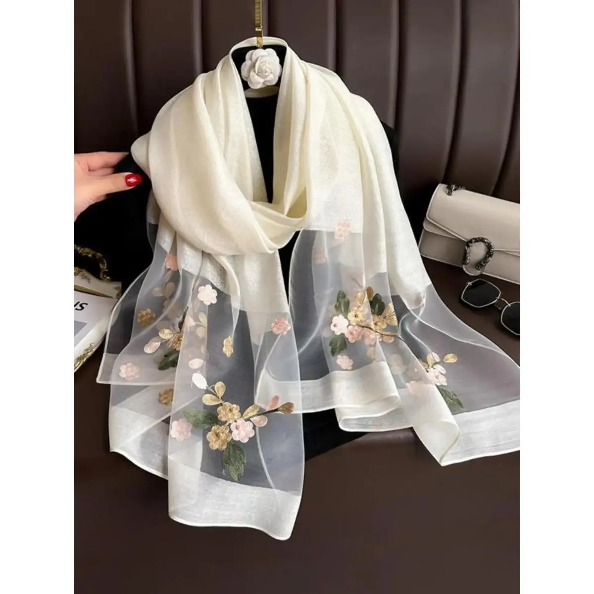 Women's Boho Floral Embroidered Beaded Silk Scarf - Sun-Protection, Windproof Beach Shawl for Christmas, Wedding, Graduation, Party, Prom Occasions, Fashion Shawl, Floral Print Shawl