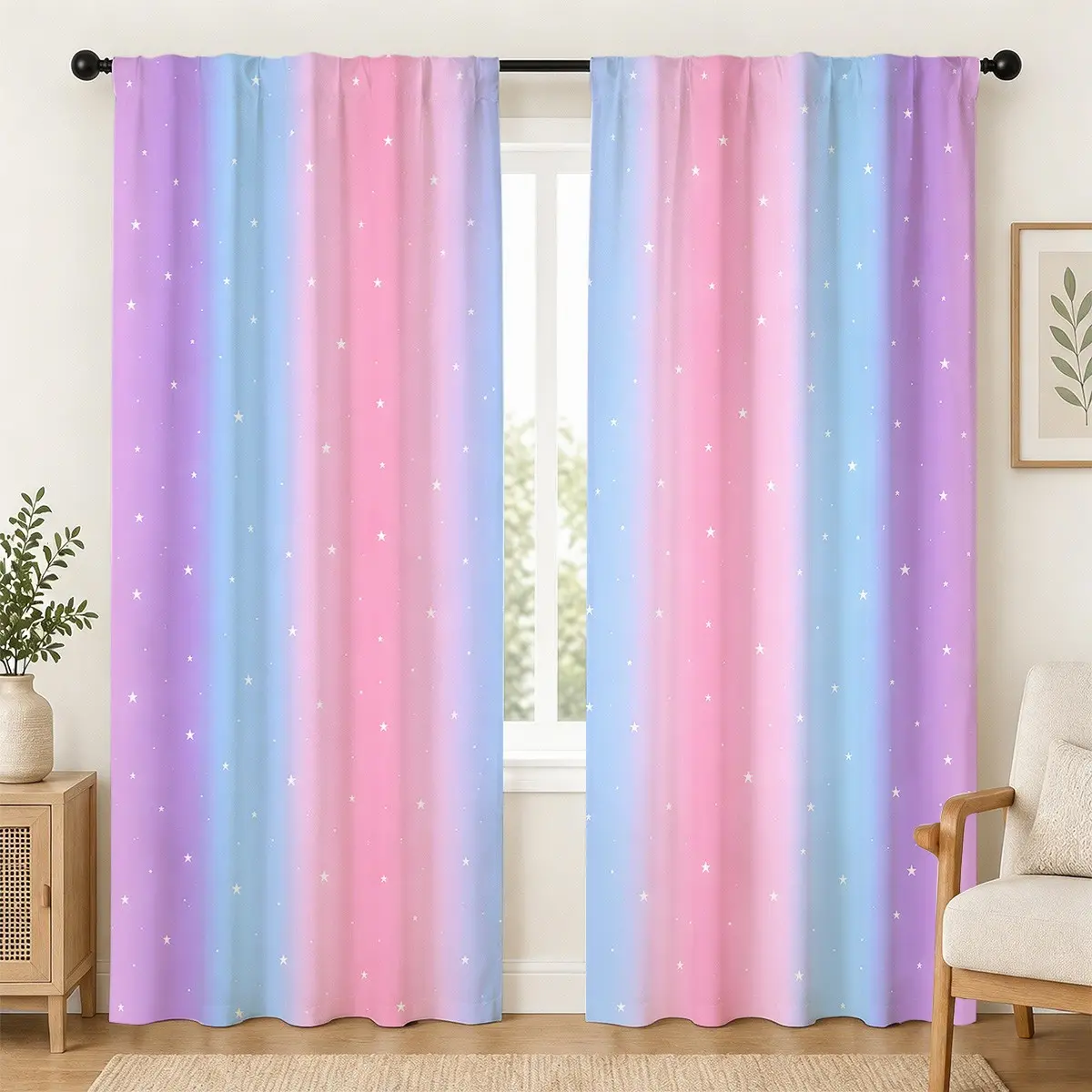 2-piece set - Macaron gradient rainbow stars - Printed semi-transparent curtains, sheer printed curtains, rod bag curtains, suitable for living room, bedroom, home decoration, can be hand-washed or machine-washed