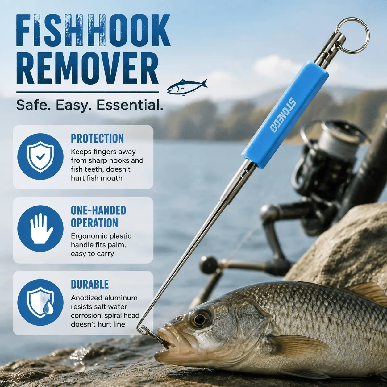 Safe Rustproof Stainless Steel Fish Hook Remover, Ergonomic Non-Slip Handle, Portable Quick Release Dehooker for Saltwater & Freshwater Fishing