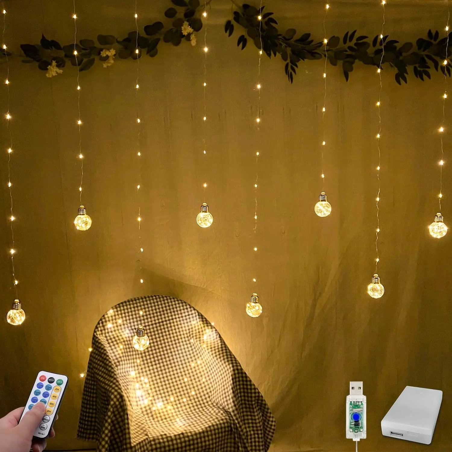Wishing Ball Curtain Lights 200 LED Window Curtain String Lights with Remote, USB   Twinkle Globe Fairy Lights for Wedding Party Bedroom Christmas Decoration (Warm White)
