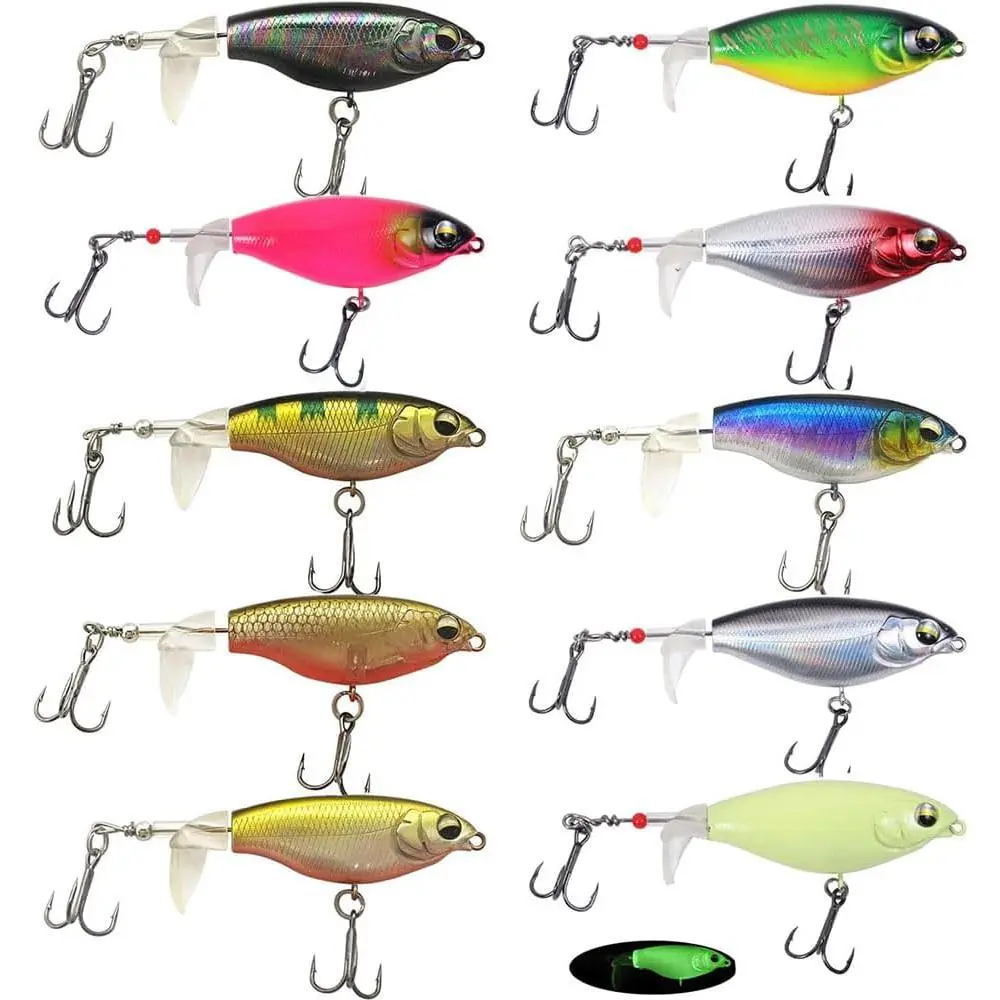 10 count Top Water Fishing Lures Whopper Fishing Lure for Bass, Popper Fishing Lures with Floating Rotating Tail  Luminous Saltwater and Freshwater Plopping Lures for Bass