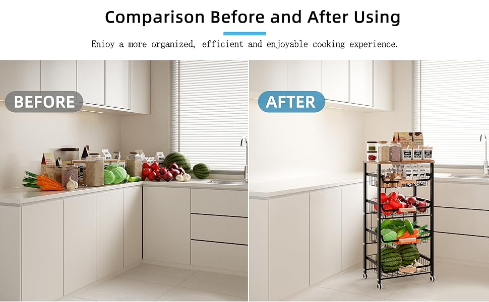 4-Layer Fruit Basket Kitchen Food Organizer and Rack, Stackable Storage Cart with Desktop, Pull-Out Hollow Metal Basket, Sliding Out Storage (Black 4-Layer Rack) 4-Layer Fruit Basket Kitchen Food Organizer and Rack, Stackable Storage Cart with Desktop, Pull-Out Hollow Metal Basket, Sliding Out Storage (Black 4-Layer Rack)