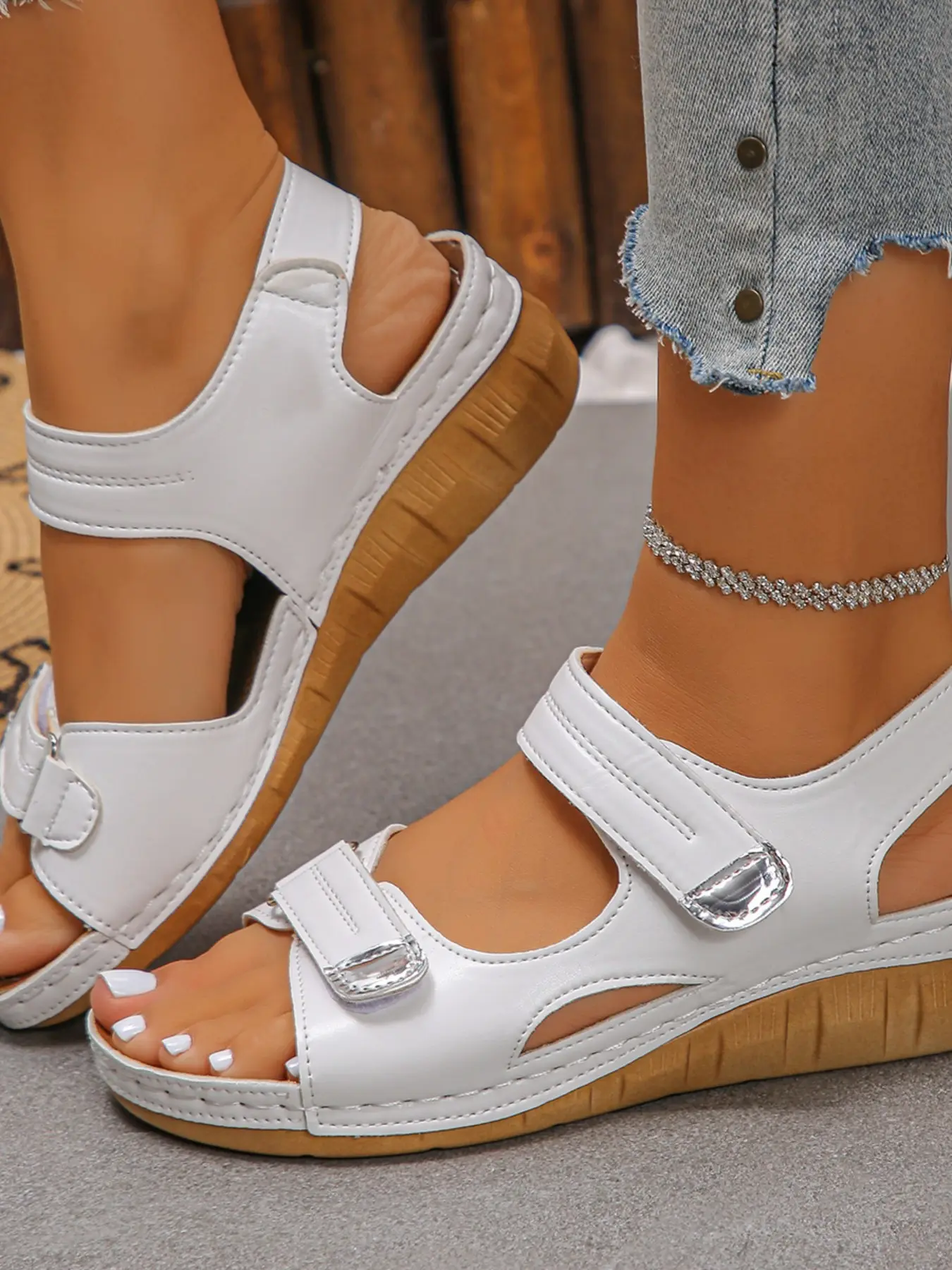 Women Dual Adjustable Hook&Loop Cutout Open Toe Platform Wedge Ankle Strap Sandals, Non-Slip Cushioned Casual Summer Wedges, Outdoor Travel Daily Footwear, 5 Colors Black White Gray Navy Khaki