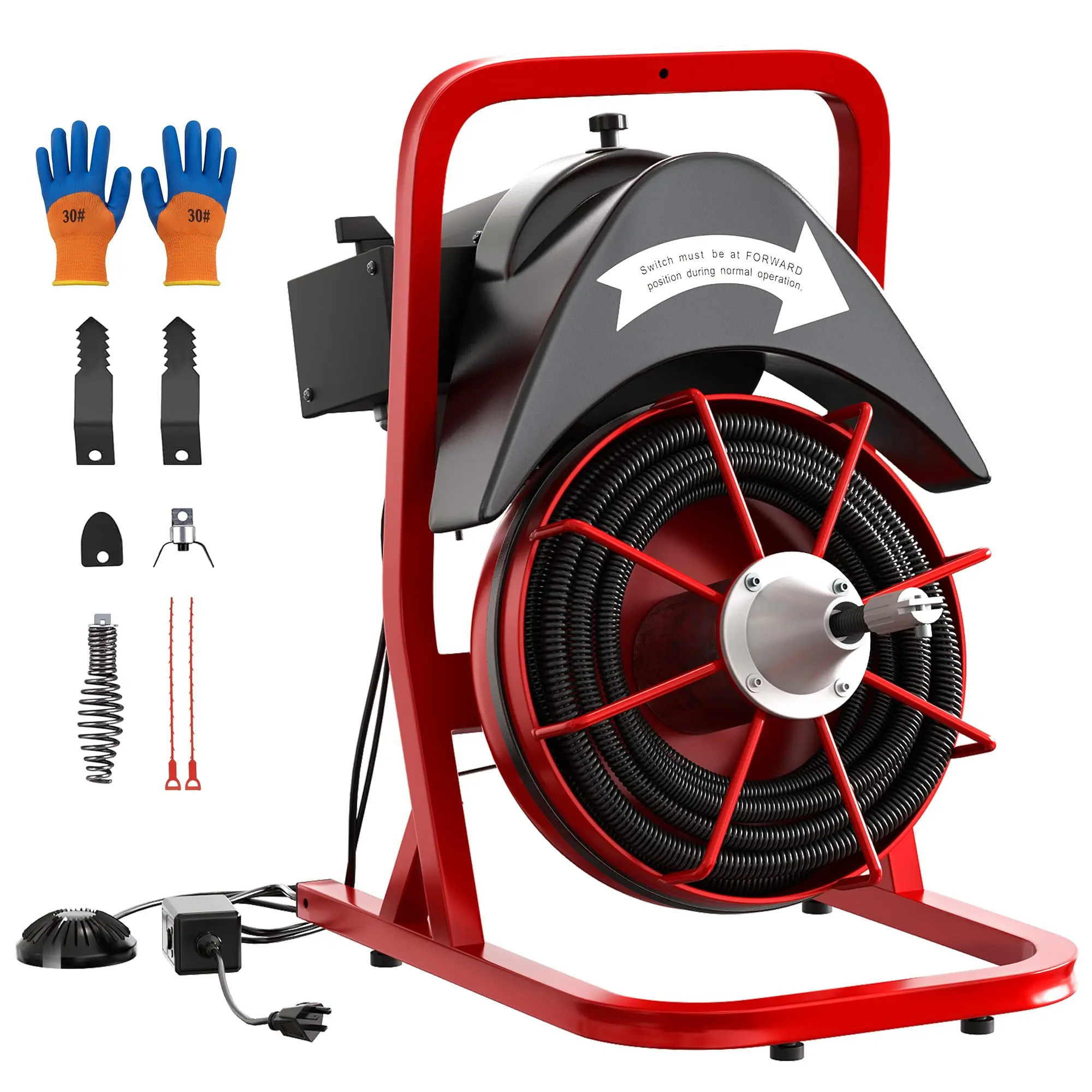 370W Commercial Electric Drain Cleaner Machine - 75FT x 1/2" Steel Core Cable, Auto-Feed & Retract, Air-Activated Foot Pedal, 6 Interchangeable Cutters, High Torque Tool for Plumbers/DIY, Portable Sewer Auger