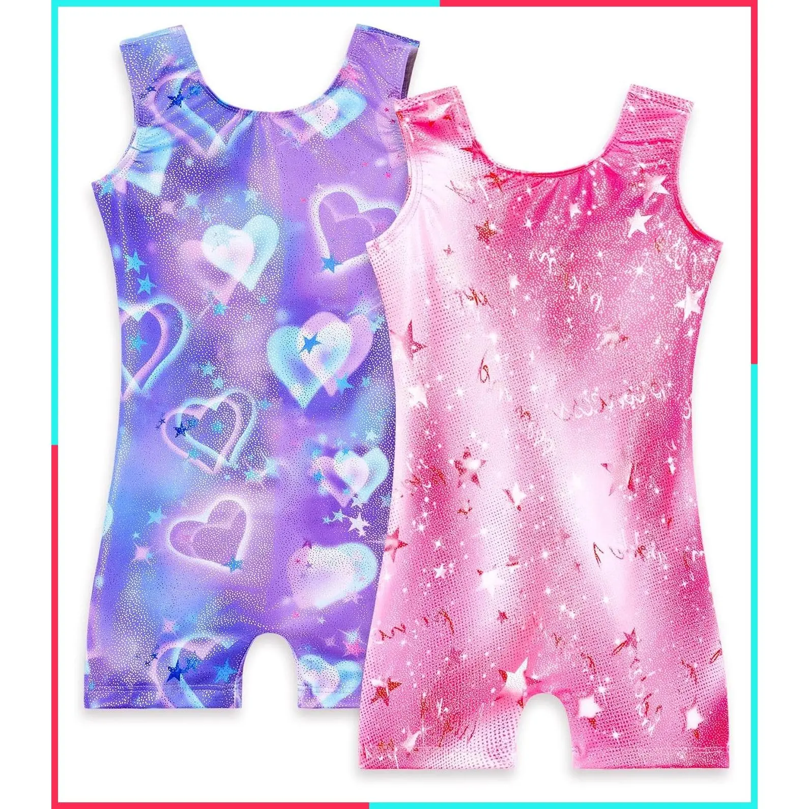 2 Pack Girls' Sparkly Sleeveless Gymnastics Leotards & Biketards Unitards, Stretchy Breathable Fabric, Scoop Neckline, Machine Washable, Multi-Scene Athletic Wear, True to Size Fit