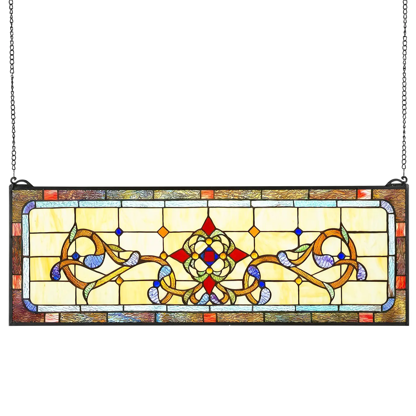 VEVOR Single Panel Large Size Stained Glass Window Panel, 32"x11" Horizontal Rectangle Hanging Transom with Chain, Handcrafted Art for Kitchen Decor & Home Interior