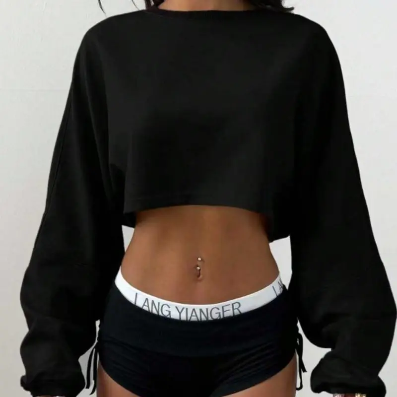 Black Crop Sweatshirt Women Long Sleeve Loose Fit Pullover Top Casual Streetwear Y2K Minimalist Fashion Hoodie Style Soft Cozy Daily Wear Trendy Sweatshirt