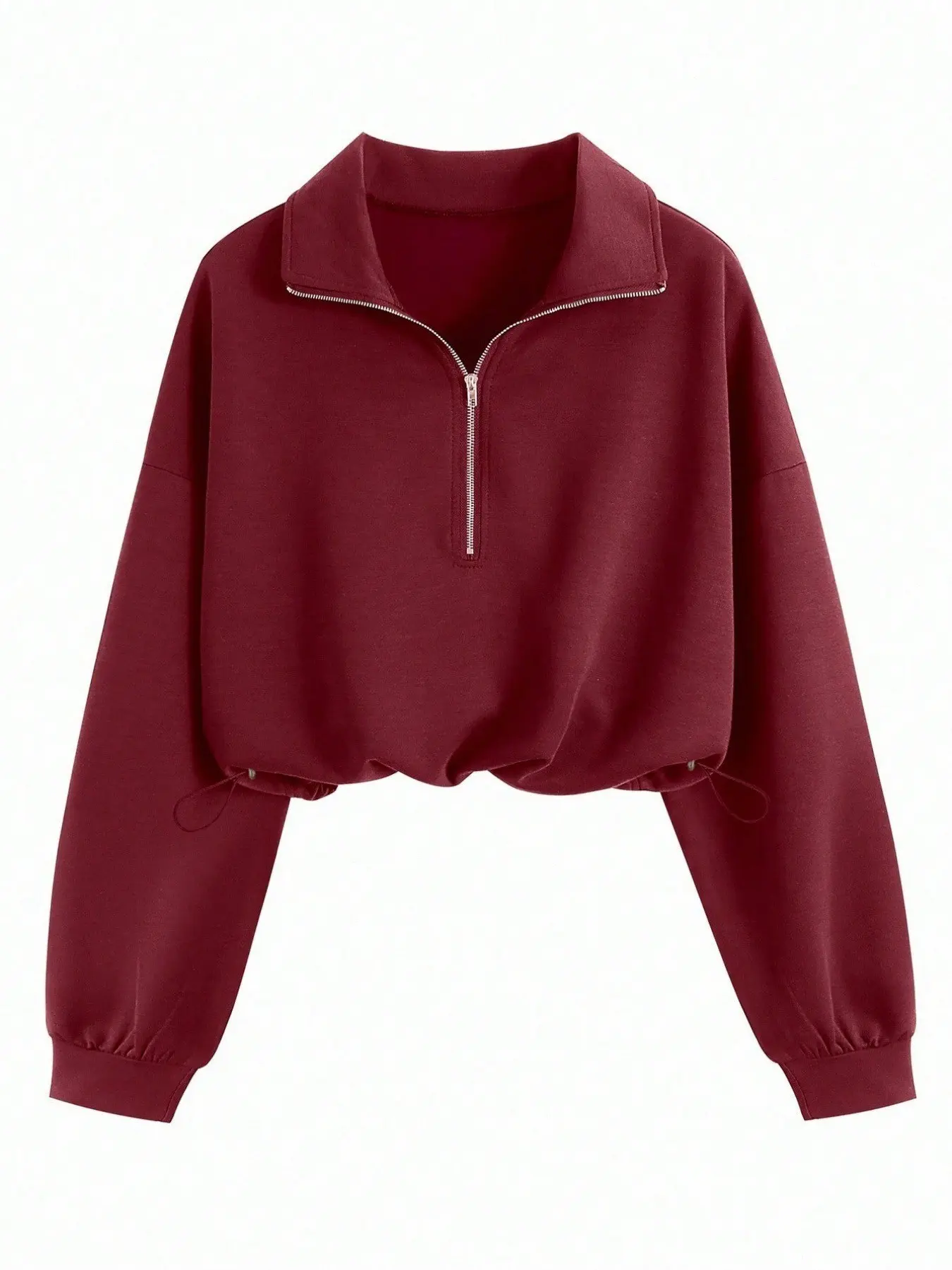 Women 1/3 Piece Half Zip Mock Neck Cropped Pullover, Drawstring Hem, Long Sleeve Casual Sweatshirt, Loose-Fitting Tops
