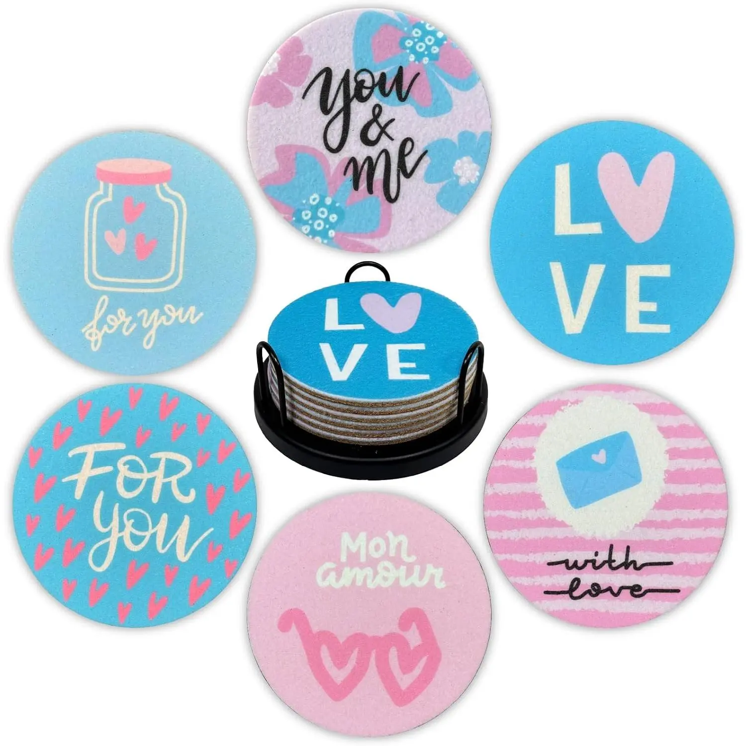 & Mint Love Felt Coasters Set of 6, Round Absorbent Drink Coasters, Non-Slip Cork Backing, Removable Holder