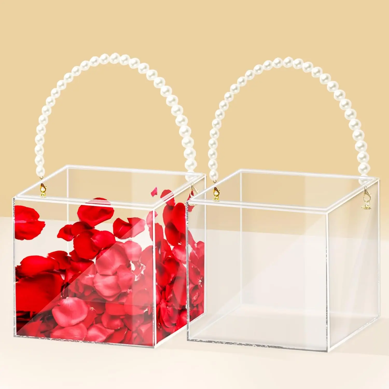 2Pcs Clear Plastic Flower Girl Basket Set with Pearl Handle, Flower Petal Confetti Holder for Wedding Ceremony and Home Decoration