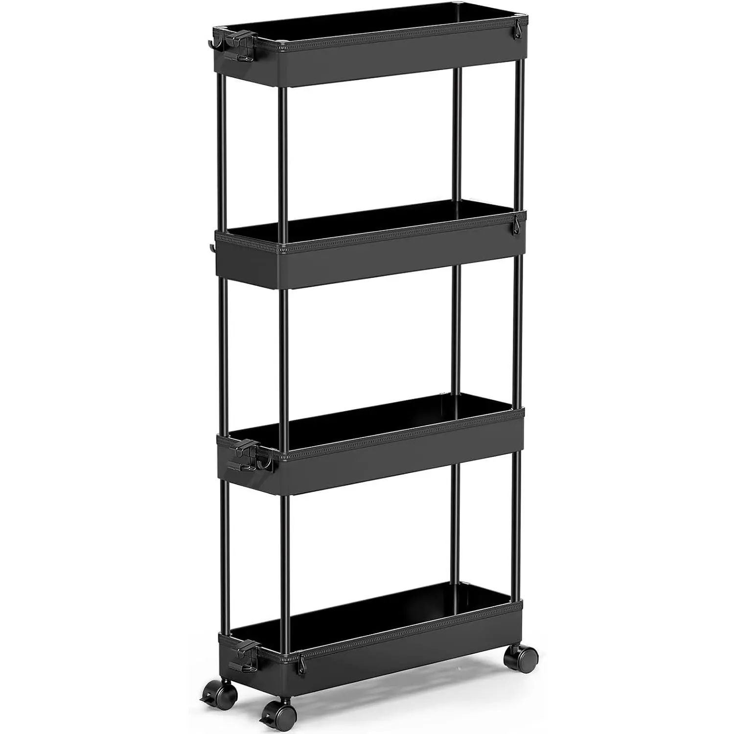 Slim Rolling Storage Cart 4 Tier Bathroom Organizer Cart Mobile Shelving Unit Slide Out Utility Cart for Kitchen, Bthroom, Makeup, Craft, Laundry Narrow Places, Black