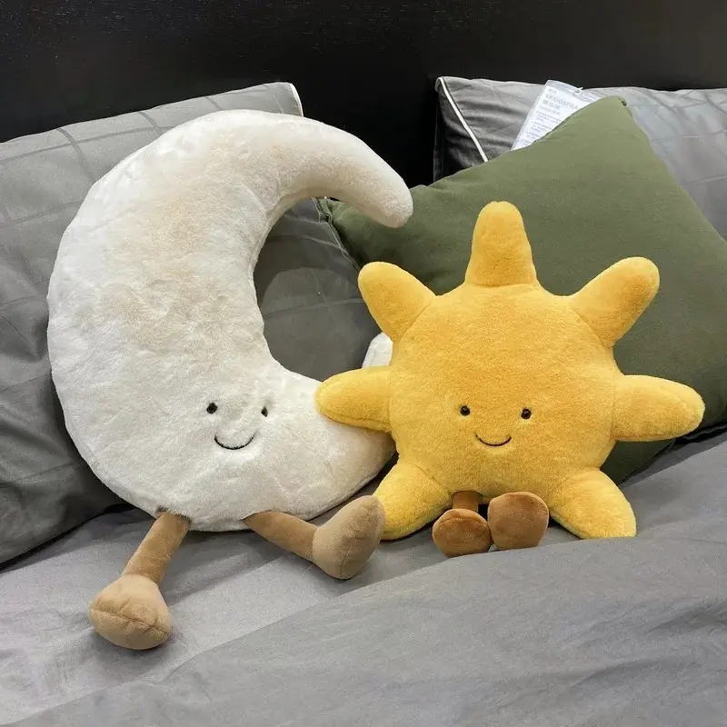 Character Shaped Stuffed Toy - Adorable White Moon & Yellow Sun Smile Face Plush, Cuddly Cute Collectibles for Kids, Throw Pillows for Bedroom Decor & Sofa, Pretend Play Toy, Character Shaped Stuffed Toys