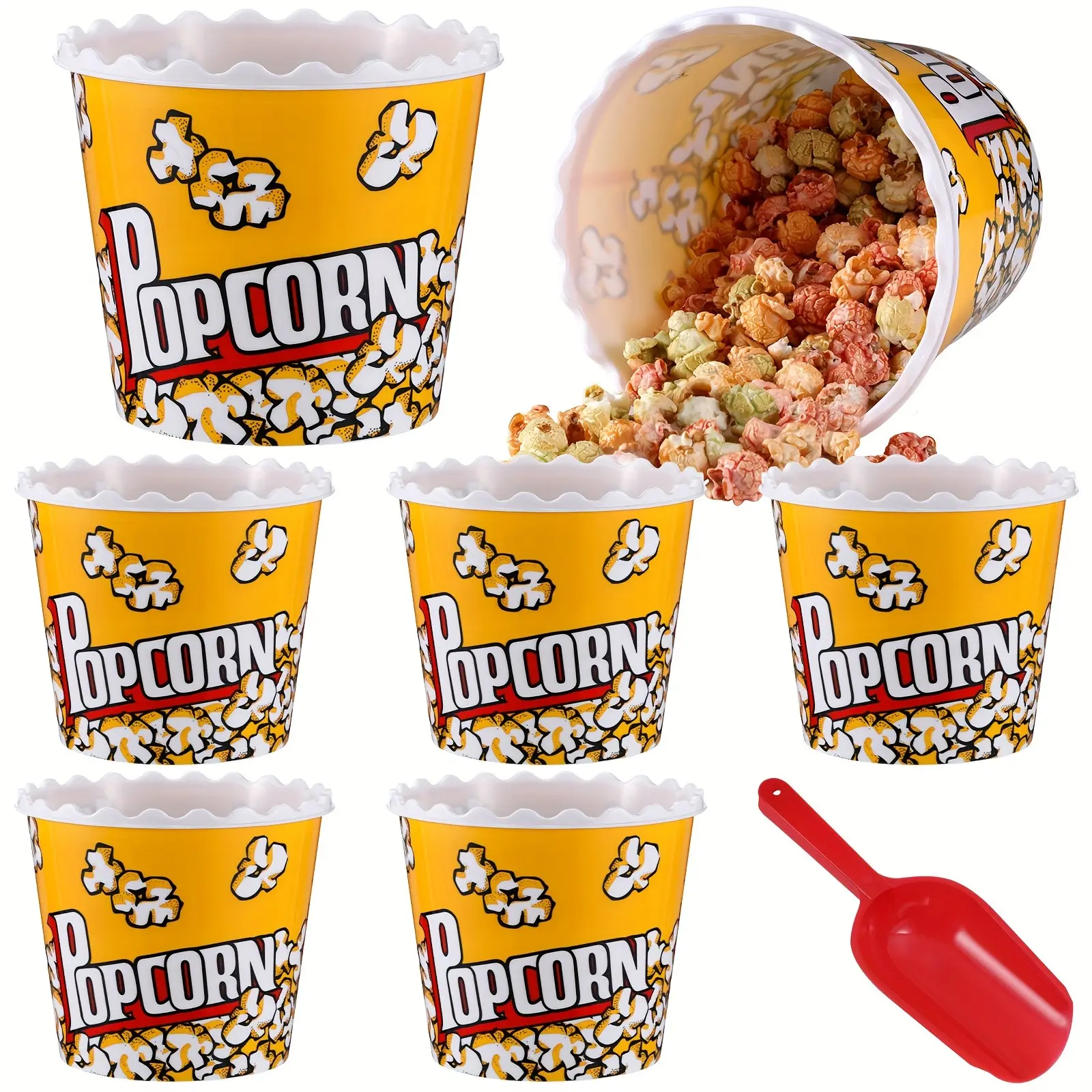 6pcs Plastic Popcorn Containers Reusable Buckets 75oz Popcorn Boxes Bowl with Scoop  Style Red Plastic Scoop Set for Movie Theater Night(Classic)