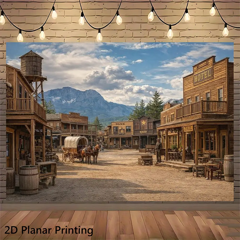 Vintage Western Old Town Street Themed 2D Flat Polyester Photography Backdrop, HD Print Decorative Cloth, Soft Lightweight Foldable for Retro Portrait Shoots, Event Decoration, Photographers, Printing