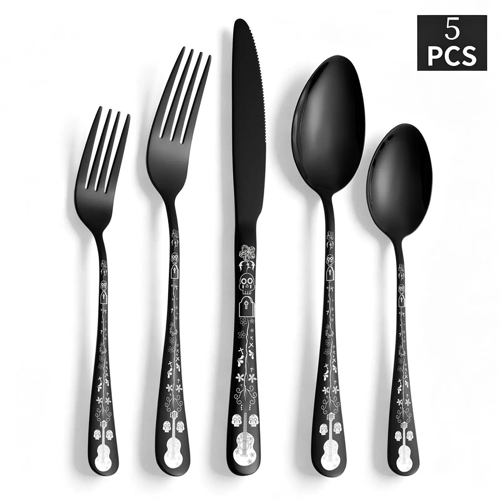Skull Silverware Set, 5 Piece Gothic Skeleton Cutlery, Stainless, Perfect for Halloween, Christmas, Parties, Gifts, Housewarming Decorations