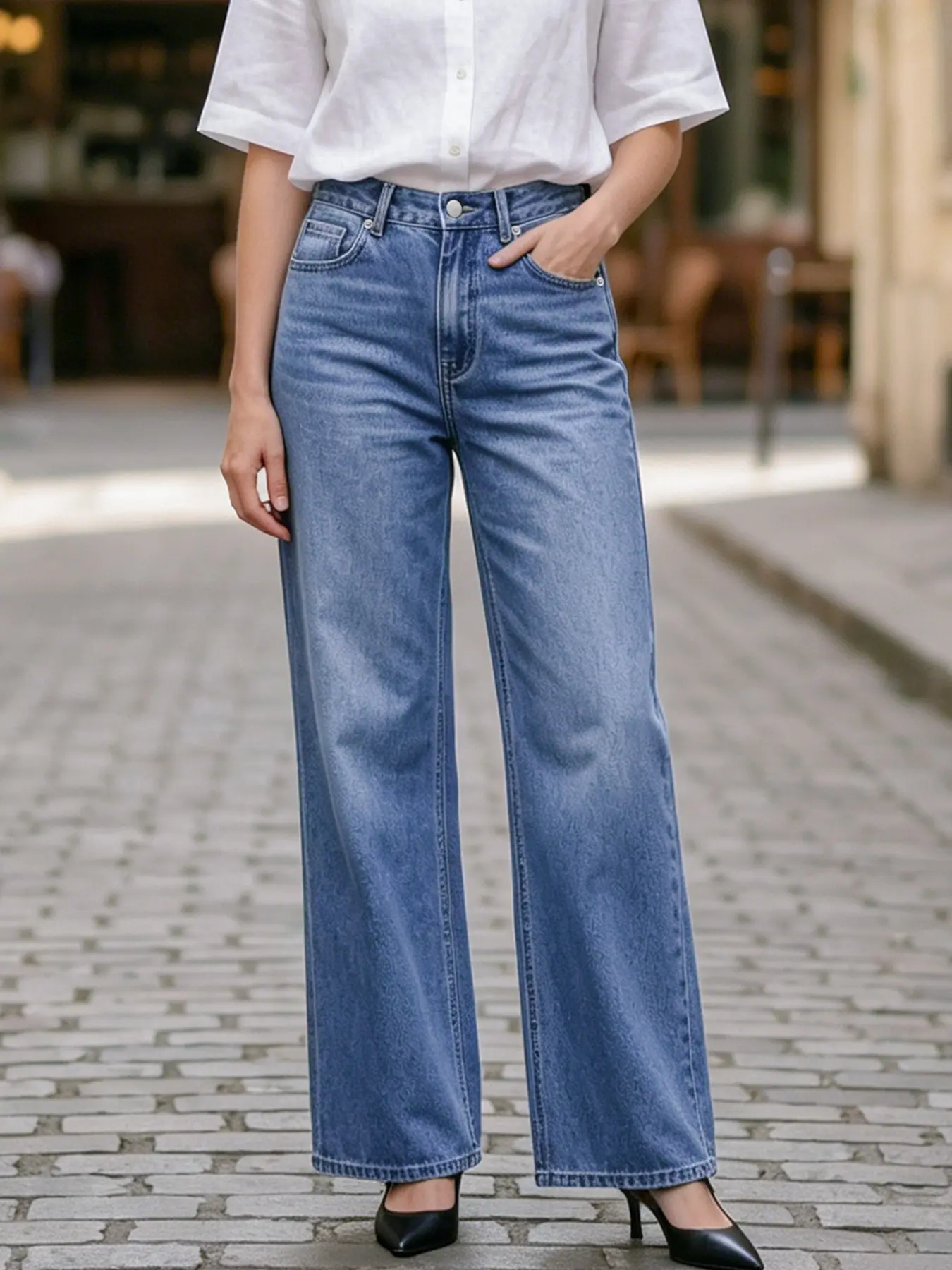 GILIPUR Women's Light Blue Gradient Washed Soft Denim Classic High Rise Straight Wide Leg Pants, Front Slant Pockets Hip Relaxing Silhouette Jeans, Parisian Style Office Weekend Travel TChic
