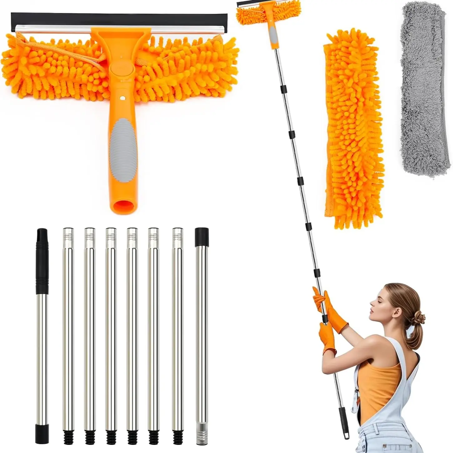 3.1m Long Reach Window Cleaning Equipment, 3-In-1 Telescopic Cleaner, Multipurpose Cleaning Tool, 270° Rotating Household Squeegee, 8 Extendable Poles