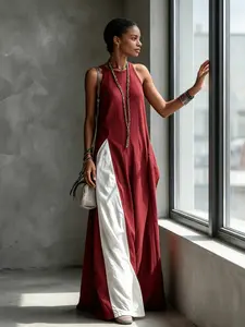 A fashionable and relaxed women's color-blocking dress with sleeveless vest, draping and flesh-concealing long skirt, suitable for summer, beach vacation, exploring shops, attending exhibitions, dating, and enjoying afternoon tea.